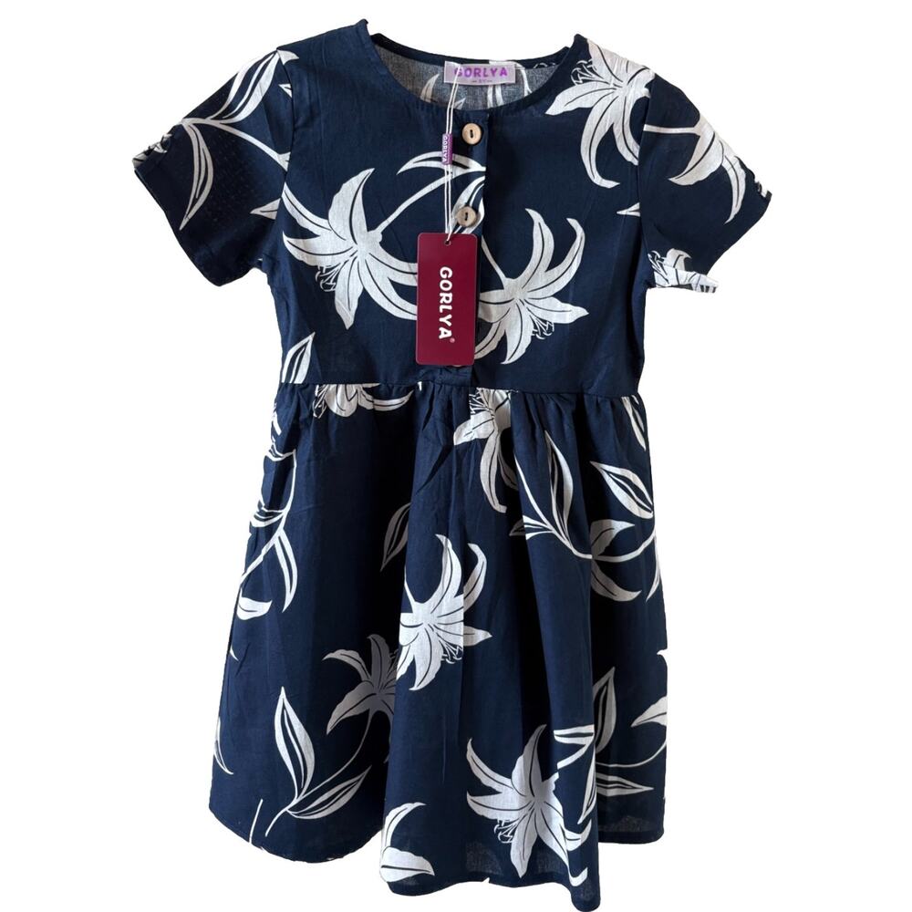 GORLYA SS Button Up Casual Linen Blend Midi Navy Dress Pockets size 6 New